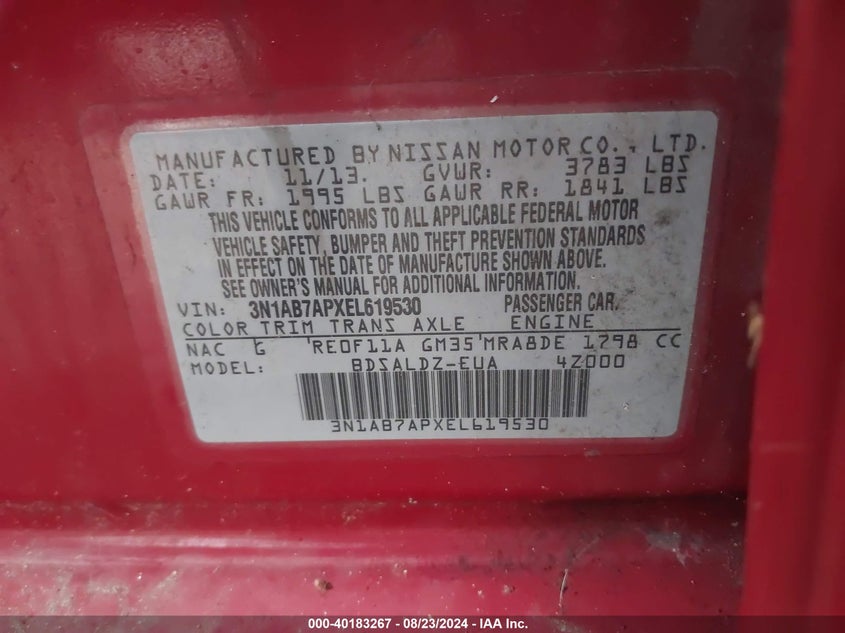 2014 Nissan Sentra Sv VIN: 3N1AB7APXEL619530 Lot: 40183267