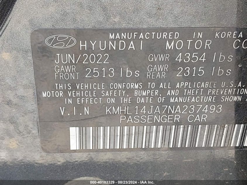 2022 Hyundai Sonata Sel VIN: KMHL14JA7NA237493 Lot: 40183329