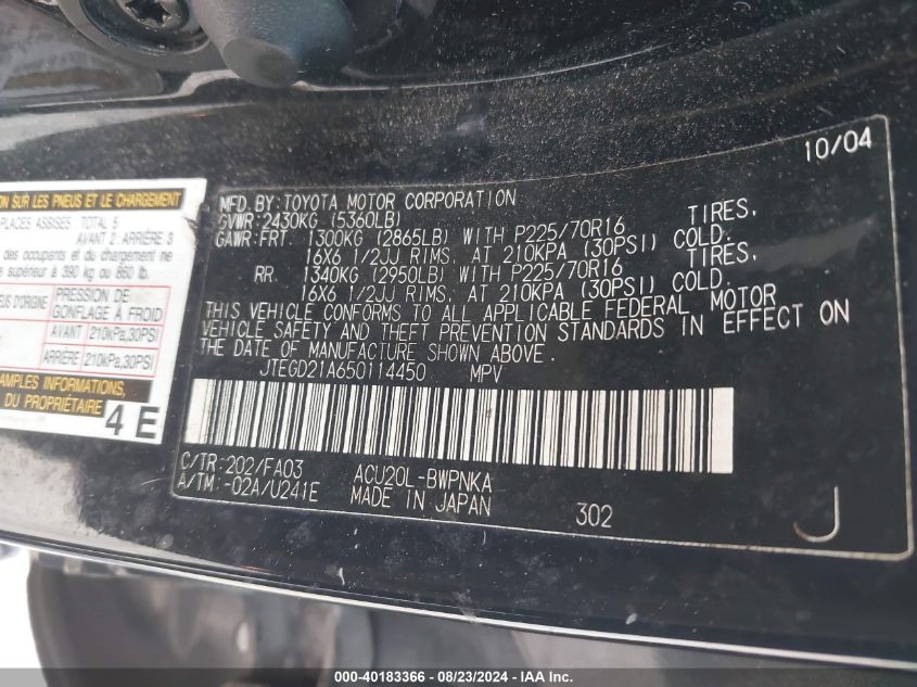 2005 Toyota Highlander VIN: JTEGD21A650114450 Lot: 40183366