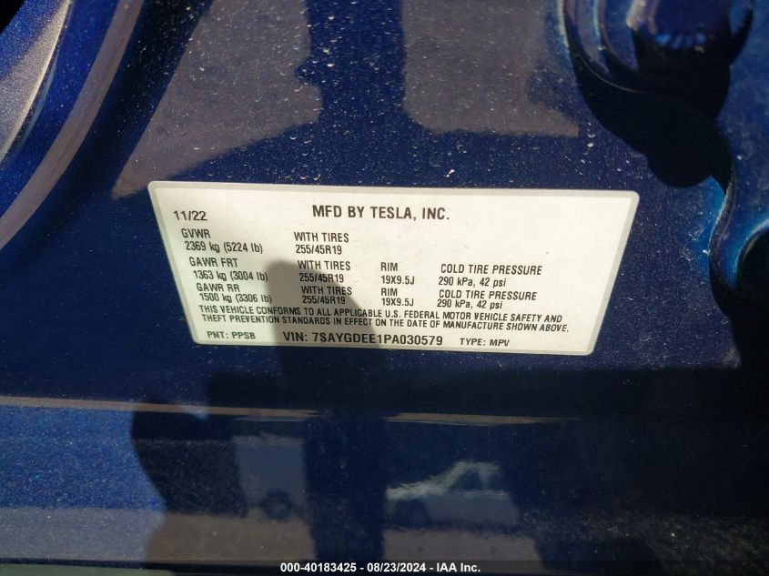 2023 Tesla Model Y Awd/Long Range Dual Motor All-Wheel Drive VIN: 7SAYGDEE1PA030579 Lot: 40183425