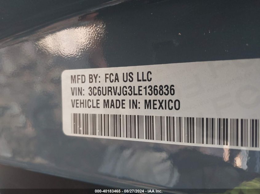 2020 Ram Promaster 3500 Cargo Van High Roof 159 Wb Ext VIN: 3C6URVJG3LE136836 Lot: 40183465