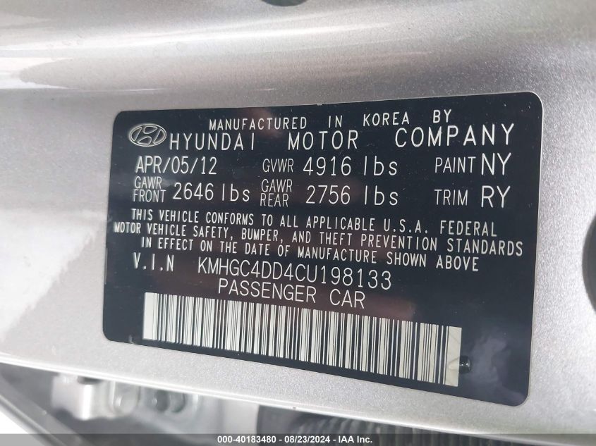 KMHGC4DD4CU198133 2012 Hyundai Genesis 3.8