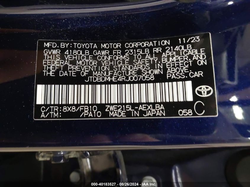 2024 Toyota Corolla Hybrid Le VIN: JTDBDMHE4RJ007058 Lot: 40183527