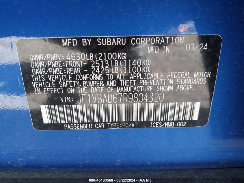 2024 Subaru Wrx VIN: JF1VBAB67R9804320 Lot: 40183568