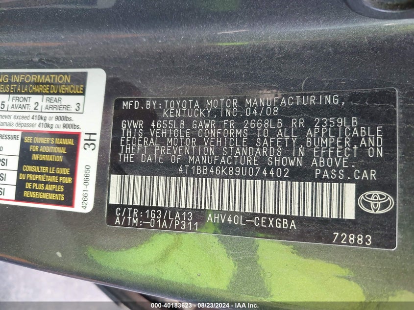 2009 Toyota Camry Hybrid VIN: 4T1BB46K89U074402 Lot: 40183623