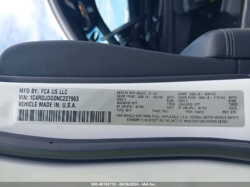 2022 Dodge Durango Gt Plus Awd VIN: 1C4RDJDG0NC227963 Lot: 40183712