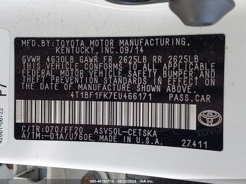 2014 Toyota Camry Se VIN: 4T1BF1FK7EU466171 Lot: 40183718