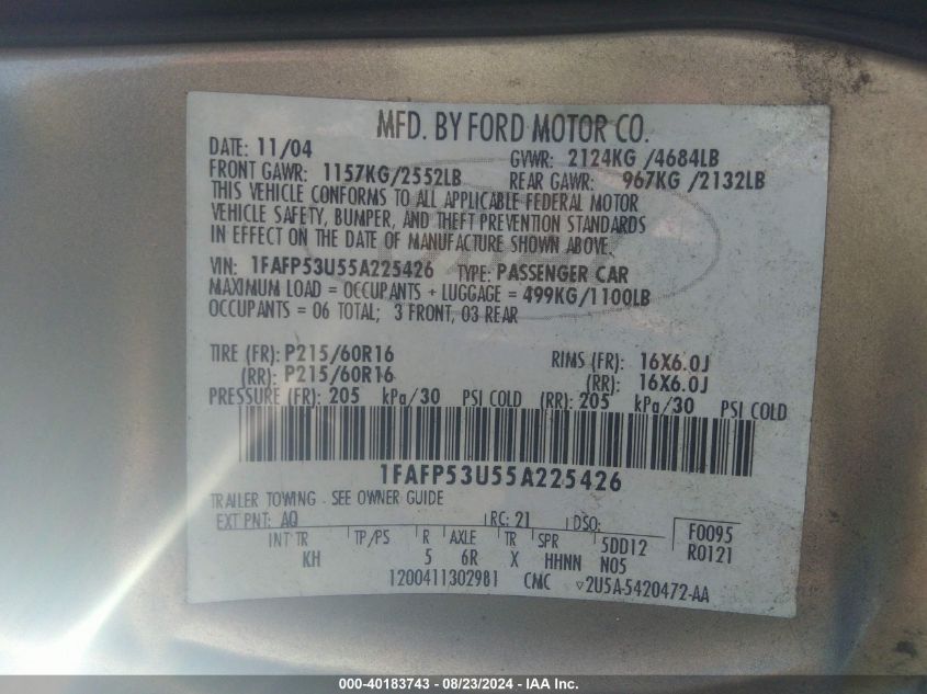 2005 Ford Taurus Se VIN: 1FAFP53U55A225426 Lot: 40183743