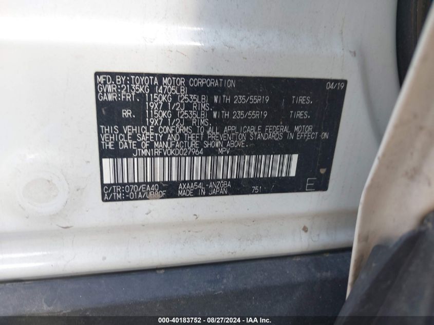 VIN JTMN1RFV0KD027964 2019 TOYOTA RAV4 LIMITED