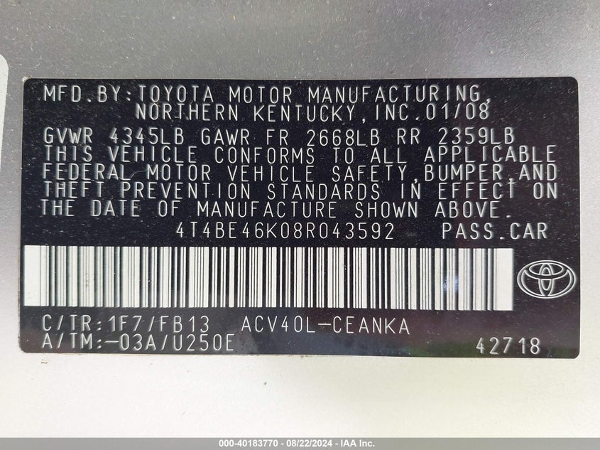 2008 Toyota Camry VIN: 4T4BE46K08R043592 Lot: 40183770