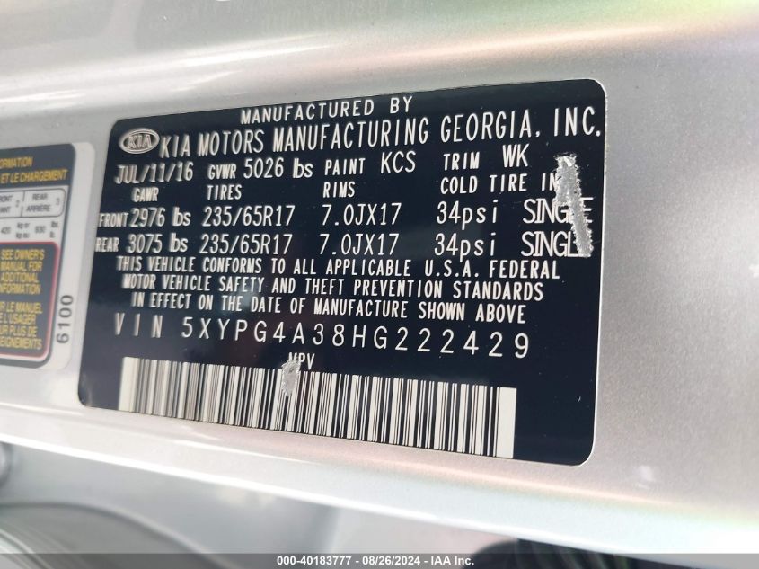 2017 KIA SORENTO 2.4L L - 5XYPG4A38HG222429