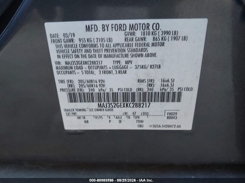 2019 Ford Ecosport Se VIN: MAJ3S2GEXKC288217 Lot: 40183796