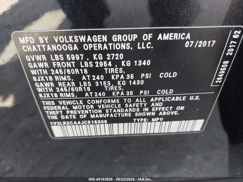 2018 Volkswagen Atlas 3.6L V6 Se/3.6L V6 Se W/Technology VIN: 1V2LR2CA4JC515309 Lot: 40183808