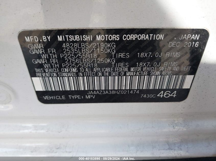 2017 Mitsubishi Outlander Se VIN: JA4AZ3A38HZ021474 Lot: 40183895