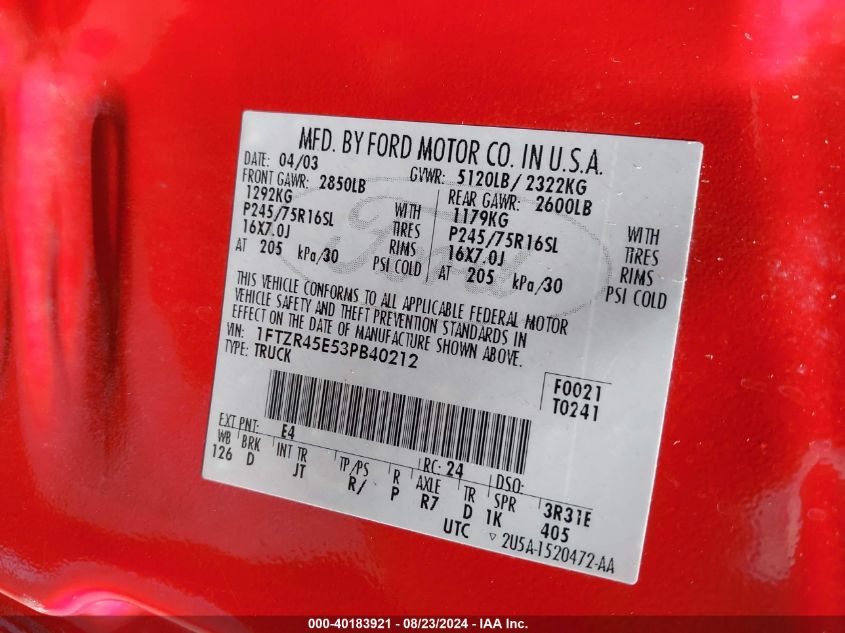 2003 Ford Ranger Edge/Xlt VIN: 1FTZR45E53PB40212 Lot: 40183921