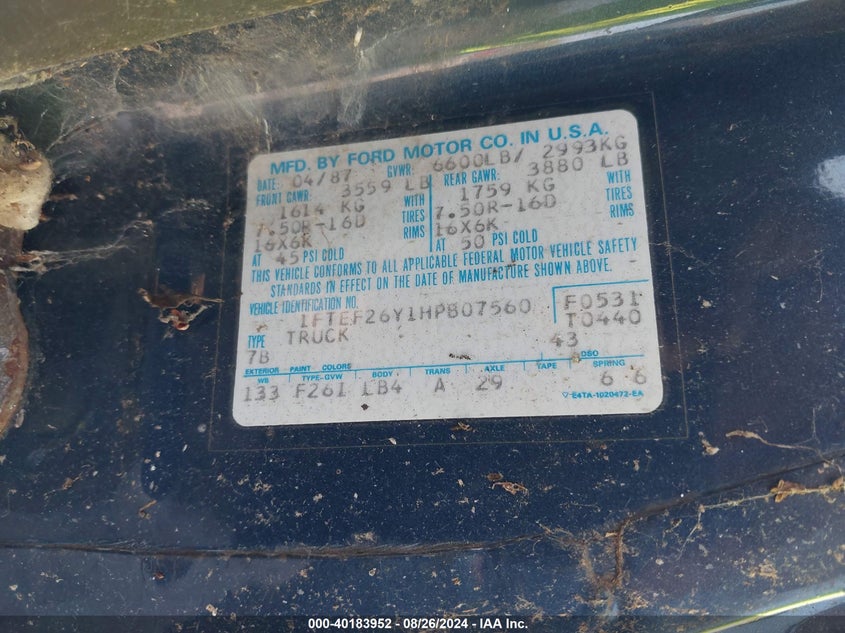1987 Ford F250 VIN: 1FTEF26Y1HPB07560 Lot: 40183952