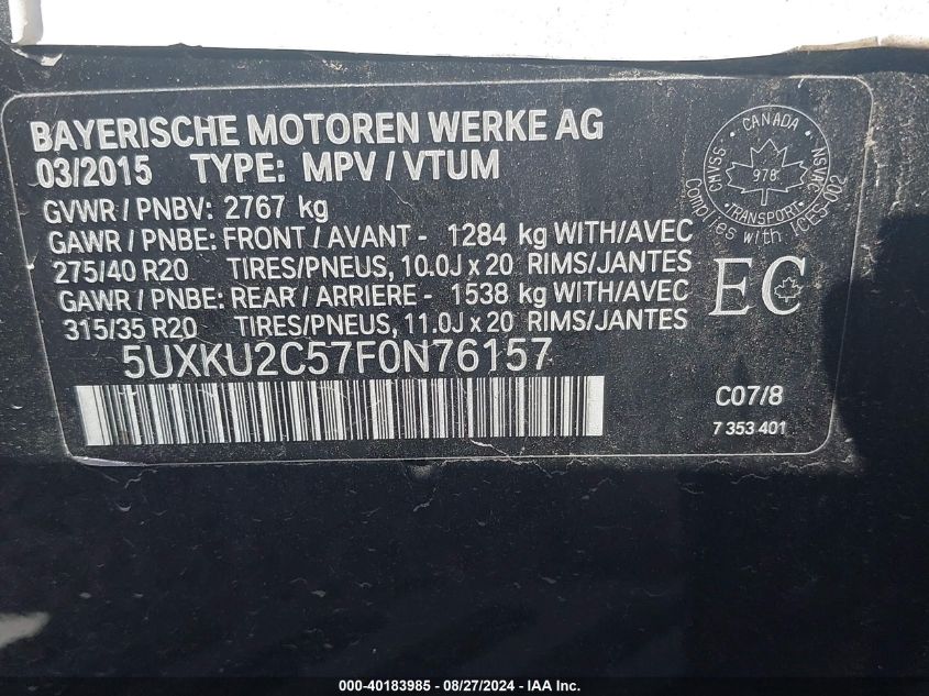 VIN 5UXKU2C57F0N76157 2015 BMW X6, Xdrive35I no.9