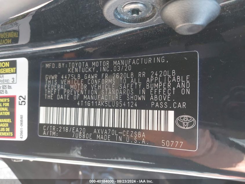 4T1G11AK5LU954124 2020 Toyota Camry Se