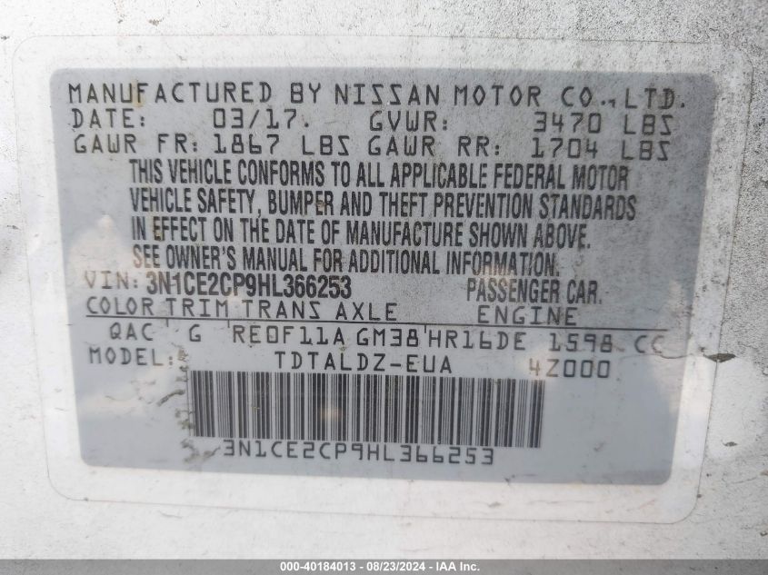 3N1CE2CP9HL366253 2017 Nissan Versa Note Sv