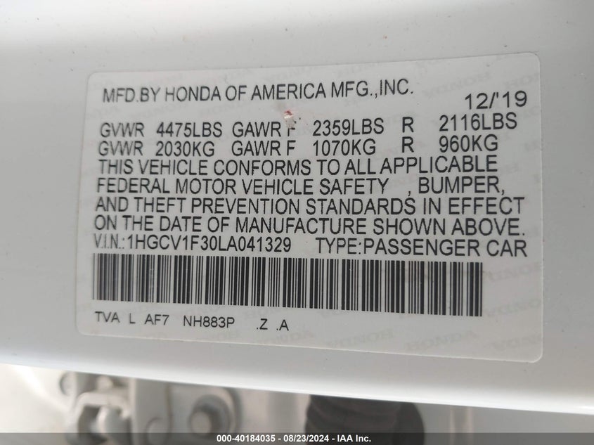 2020 HONDA ACCORD SPORT - 1HGCV1F30LA041329