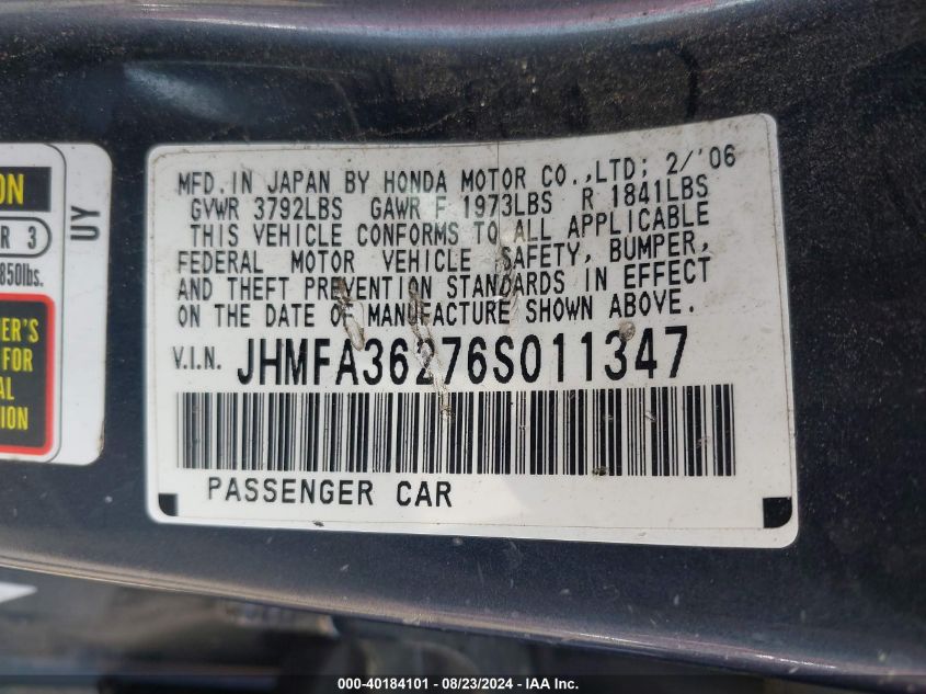 2006 Honda Civic Hybrid VIN: JHMFA36276S011347 Lot: 40184101