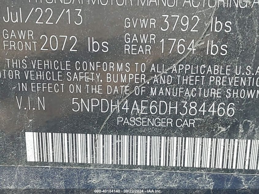 5NPDH4AE6DH384466 2013 Hyundai Elantra Gls