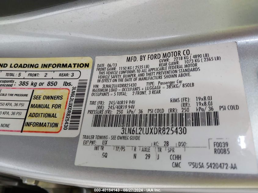 2013 Lincoln Mkz Hybrid VIN: 3LN6L2LUXDR825430 Lot: 40184143