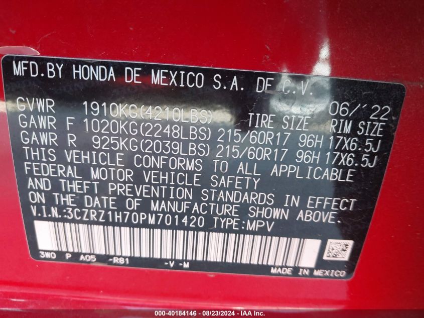 2023 Honda Hr-V 2Wd Ex-L VIN: 3CZRZ1H70PM701420 Lot: 40184146