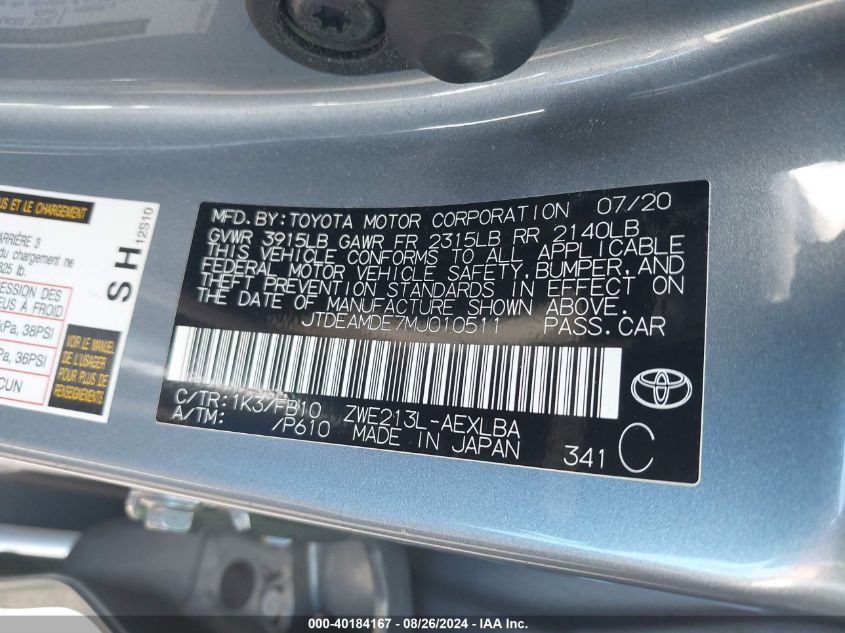 2021 TOYOTA COROLLA HYBRID LE - JTDEAMDE7MJ010511