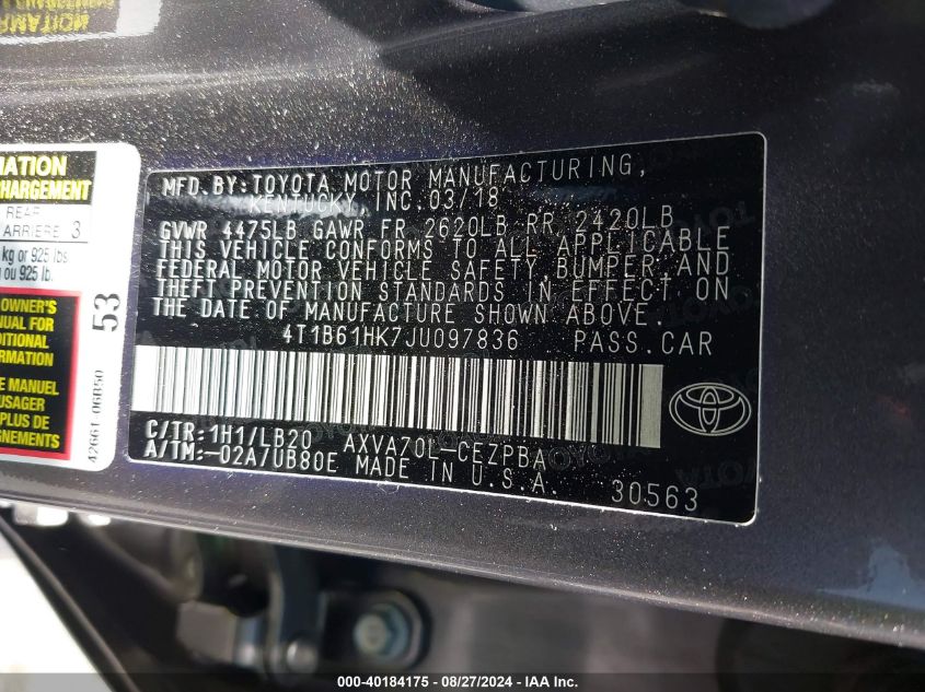 4T1B61HK7JU097836 2018 Toyota Camry Xse