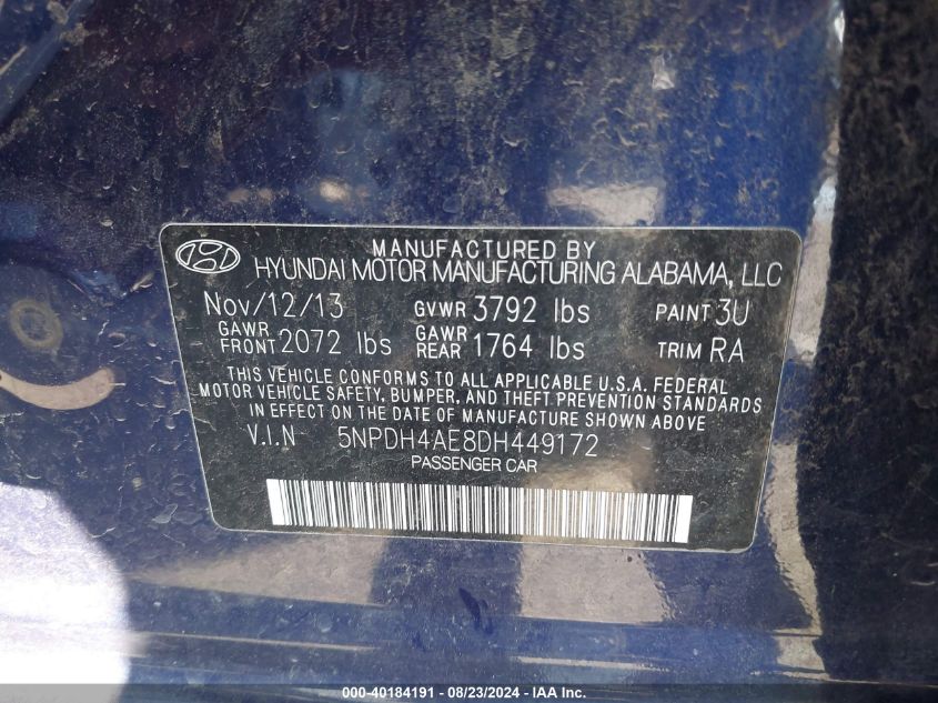 5NPDH4AE8DH449172 2013 Hyundai Elantra Limited