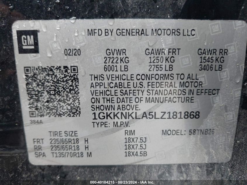 1GKKNKLA5LZ181868 2020 GMC Acadia Fwd Sle