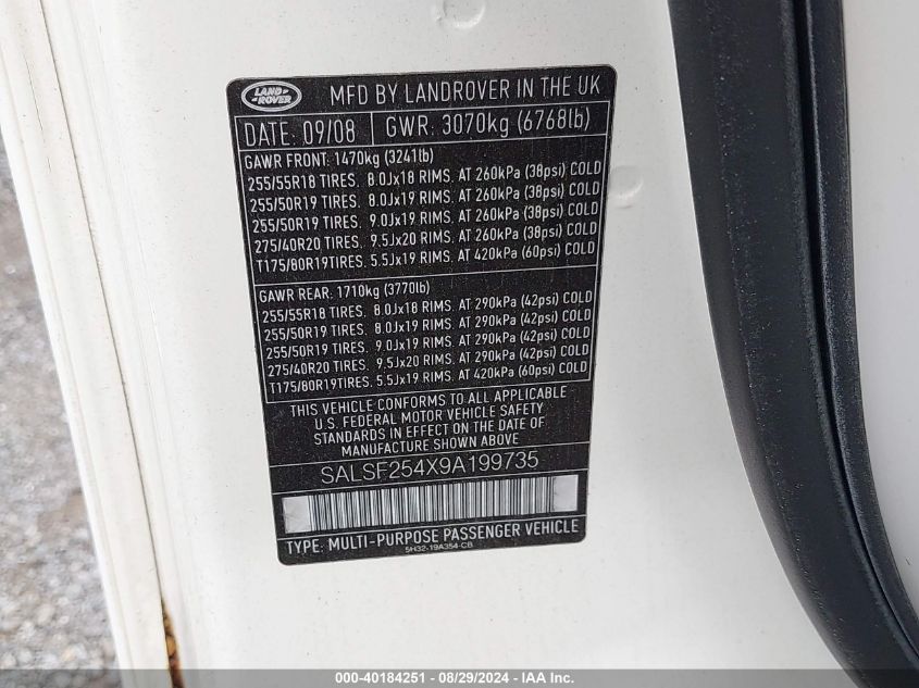2009 Land Rover Range Rover Sport Hse VIN: SALSF254X9A199735 Lot: 40184251