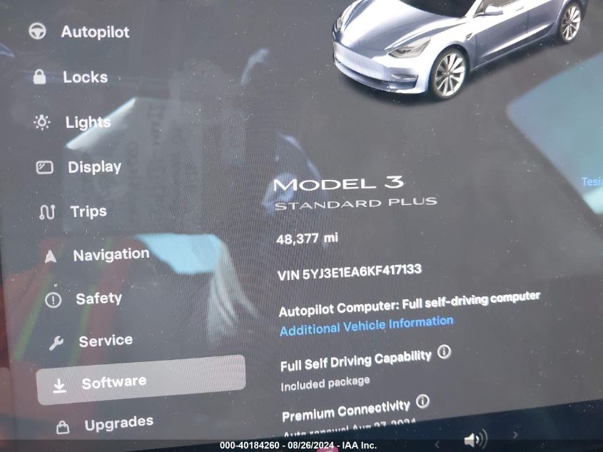 2019 Tesla Model 3 Long Range/Mid Range/Standard Range/Standard Range Plus VIN: 5YJ3E1EA6KF417133 Lot: 40184260