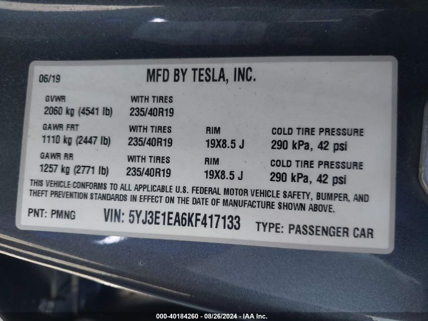 2019 Tesla Model 3 Long Range/Mid Range/Standard Range/Standard Range Plus VIN: 5YJ3E1EA6KF417133 Lot: 40184260