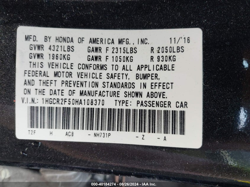 2017 HONDA ACCORD SPORT VIN: 1HGCR2F50HA108370