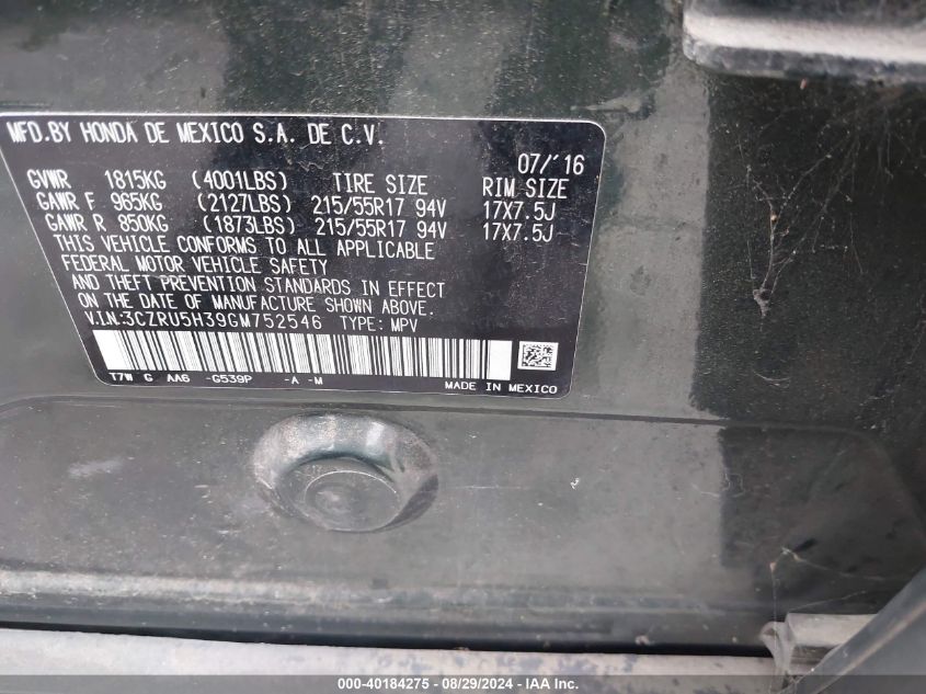 2016 Honda Hr-V Lx VIN: 3CZRU5H39GM752546 Lot: 40184275