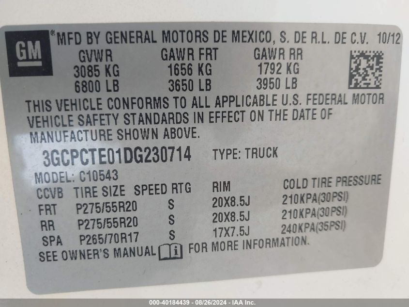 2013 Chevrolet Silverado 1500 Ltz VIN: 3GCPCTE01DG230714 Lot: 40184439