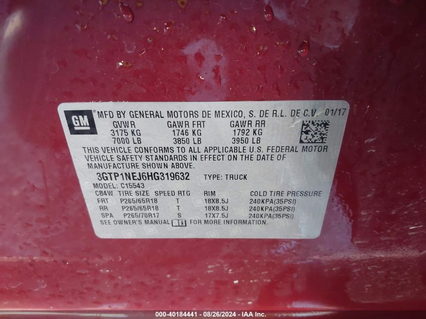 3GTP1NEJ6HG319632 2017 GMC Sierra 1500 Slt