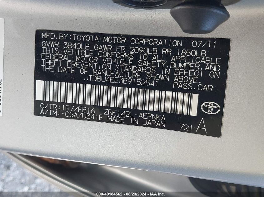 2011 Toyota Corolla Le VIN: JTDBU4EE3B9152541 Lot: 40184562