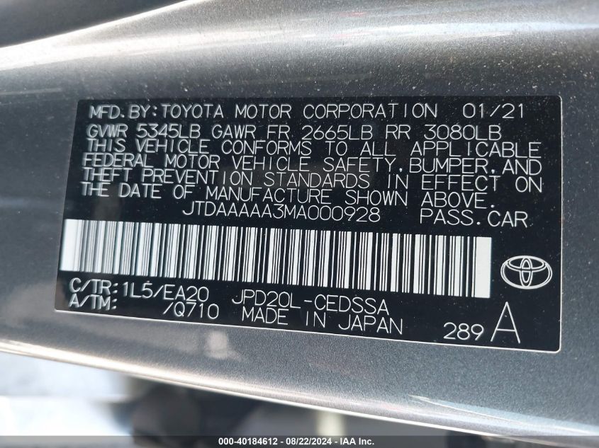 2021 Toyota Mirai Xle VIN: JTDAAAAA3MA000928 Lot: 40184612