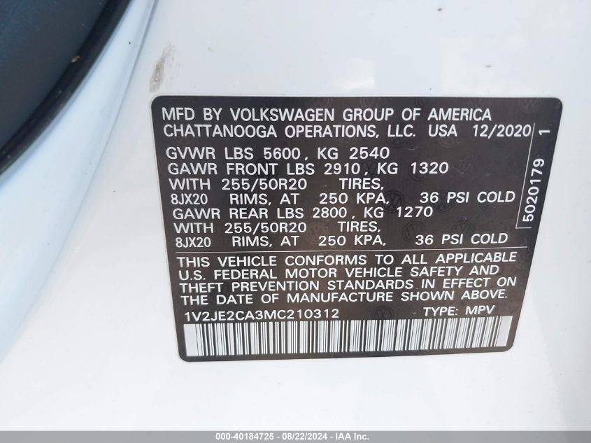 1V2JE2CA3MC210312 2021 Volkswagen Atlas Cross Sport 3.6L V6 Se W/Technology