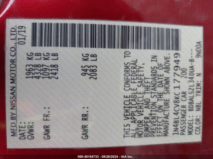 2019 Nissan Altima 2.5 Sr VIN: 1N4BL4CV8KC177949 Lot: 40184733