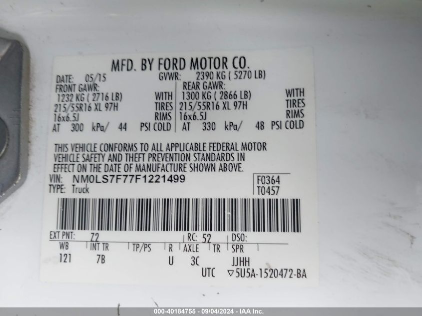 NM0LS7F77F1221499 2015 Ford Transit Connect Xlt