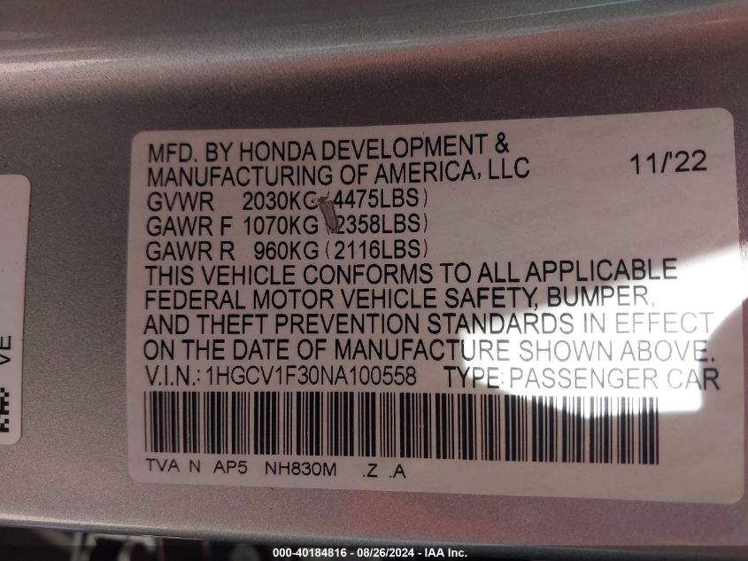 2022 Honda Accord Sport VIN: 1HGCV1F30NA100558 Lot: 40184816