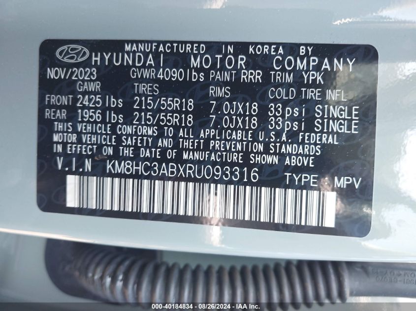 2024 Hyundai Kona Sel VIN: KM8HC3ABXRU093316 Lot: 40184834