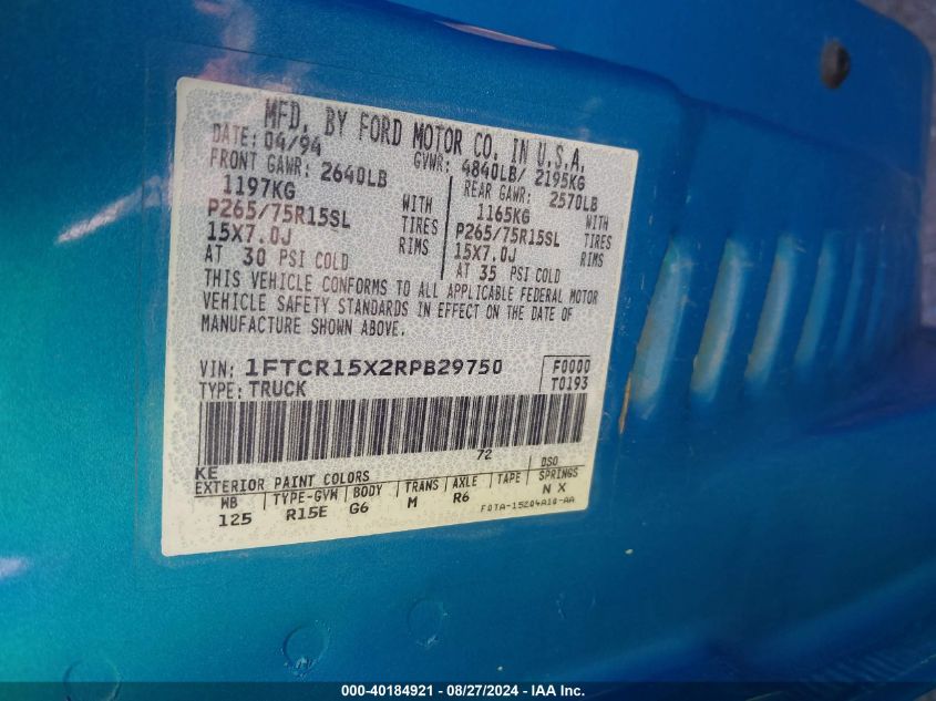 1994 Ford Ranger Super Cab VIN: 1FTCR15X2RPB29750 Lot: 40184921