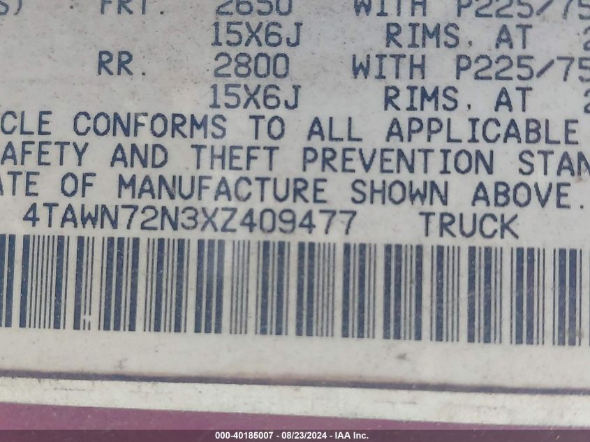 1999 Toyota Tacoma VIN: 4TAWN72N3XZ409477 Lot: 40185007