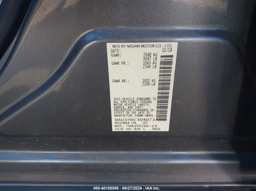 2019 Nissan Leaf S VIN: 1N4AZ1CP0KC304073 Lot: 40185058