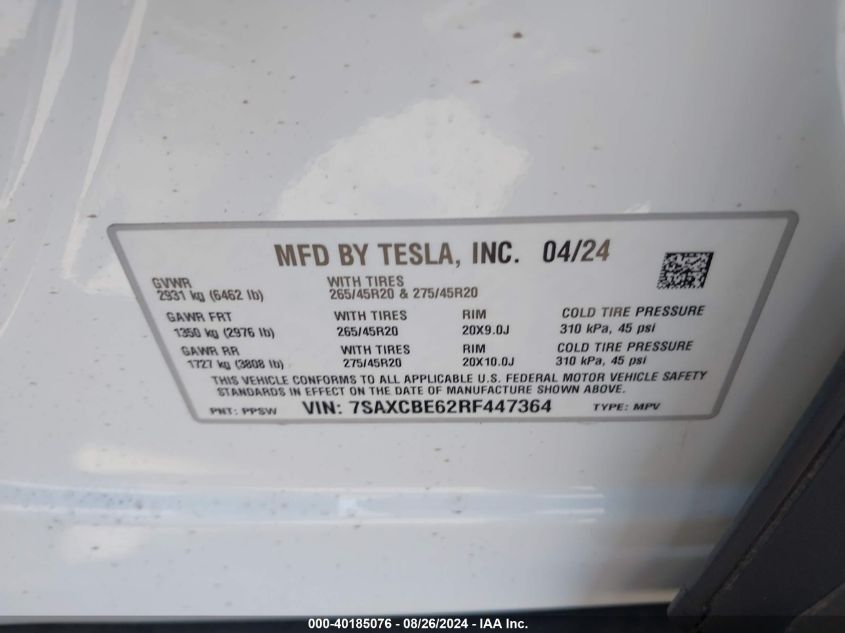 2024 Tesla Model X Plaid Tri Motor All-Wheel Drive VIN: 7SAXCBE62RF447364 Lot: 40185076